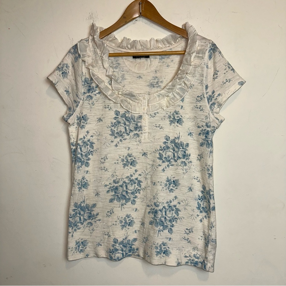 Ralph Lauren Jeans Co. Floral Henley Blouse Ruffle Neckline Short Sleeve Beige
